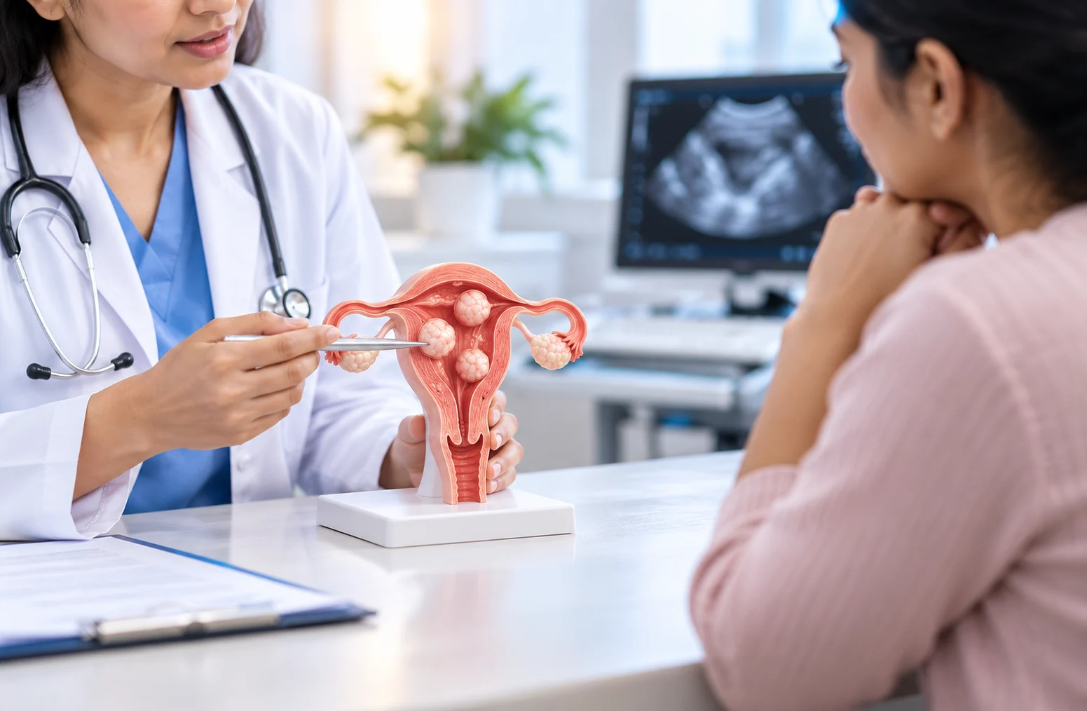 Showing uterine fibroids(Leiomyomas) in the womb