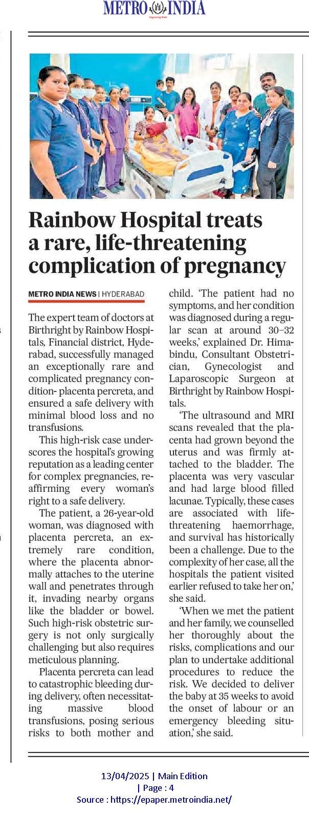 Rainbow Children's Hospital Successfully Manages Rare Placenta Percreta Case with Safe Delivery
