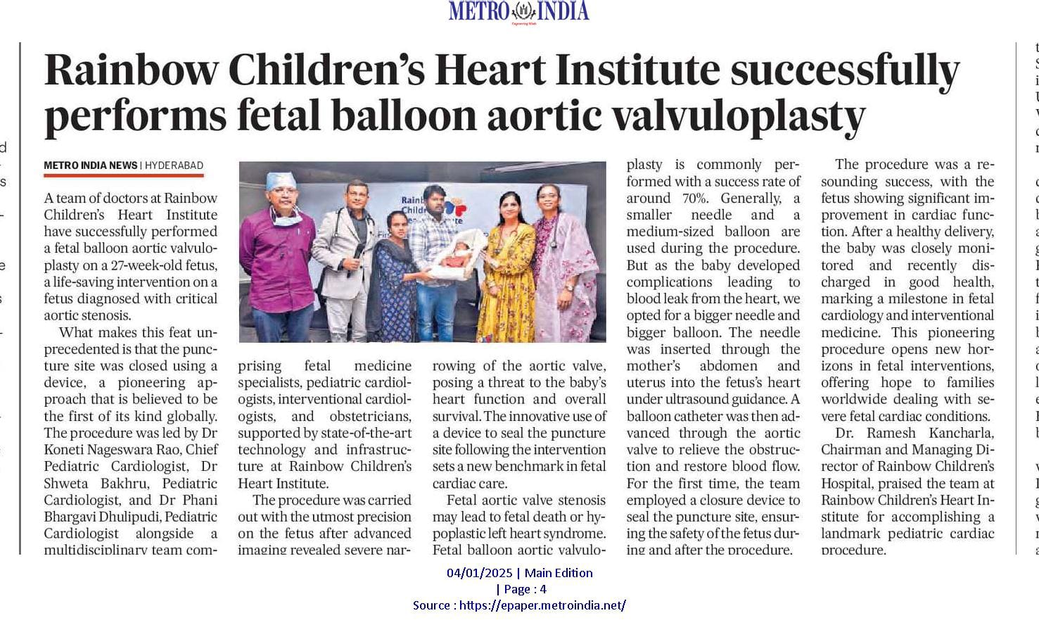 Rainbow Children's Hospital Heart Institute suvvessfully performs fetal ballon aortic valvuloplasty